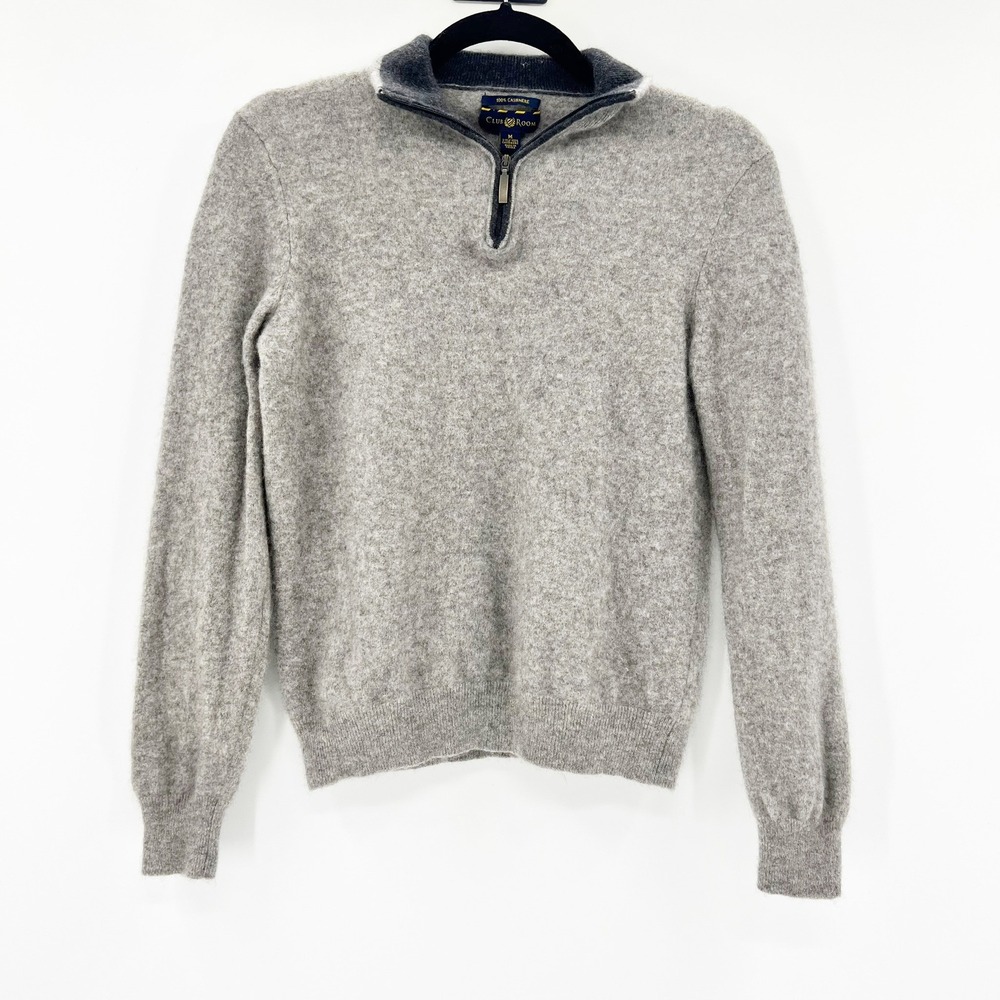 Club Room Cashmere Sweater Womens Medium Grey 2-Ply‎ Quarter-Zip Pullover